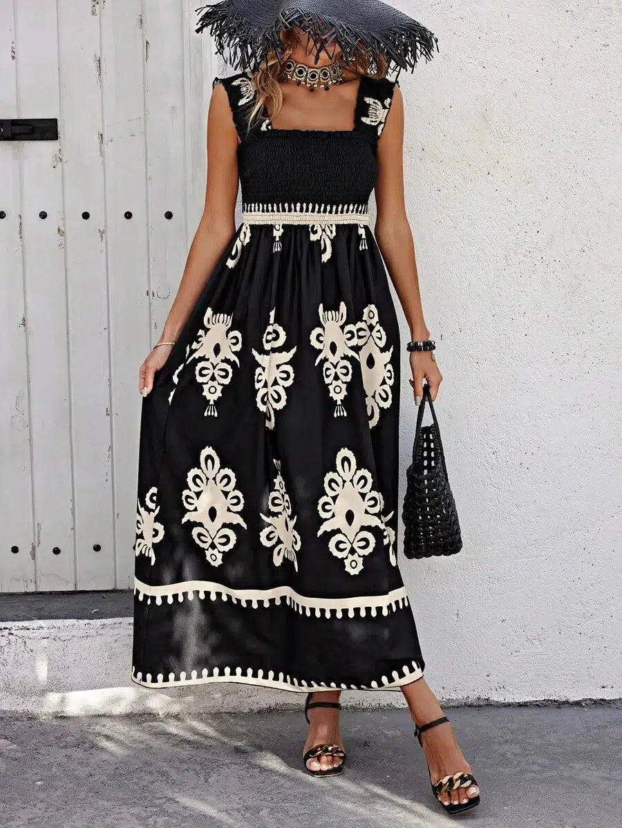 Valentina | Square Neck Sleeveless Printed Beach Dress