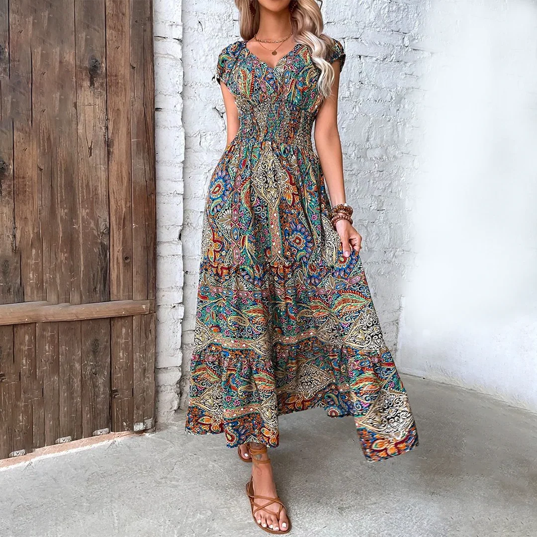 Elara | Bohemian Puff Sleeve Maxi Dress
