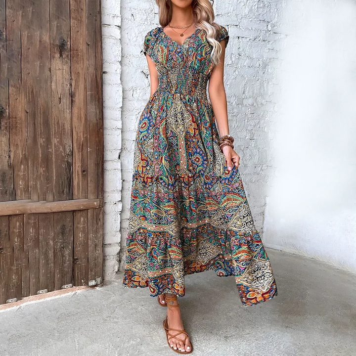 Elara | Bohemian Puff Sleeve Maxi Dress