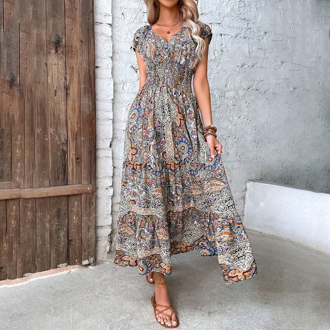 Elara | Bohemian Puff Sleeve Maxi Dress