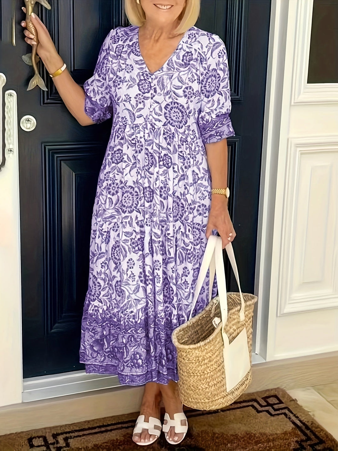 Norah | Elegant Floral Midi Dress with Tummy Coverage
