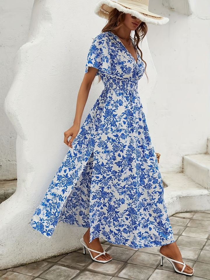Bea | Bohemian V-Neck Blue Beach Dress