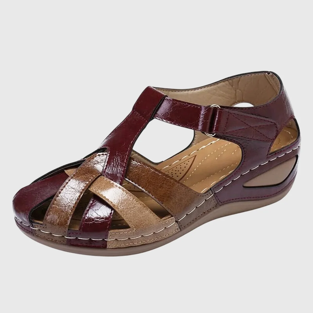Mira comfort sandal in burgundy with tan straps