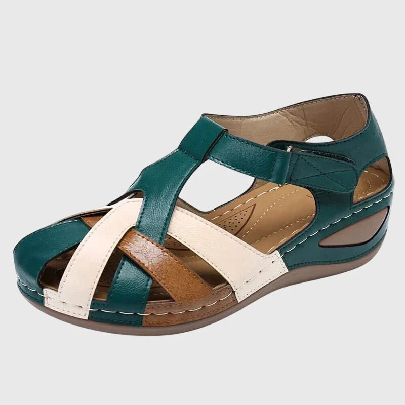 Mira comfort sandal in green with cream and tan straps