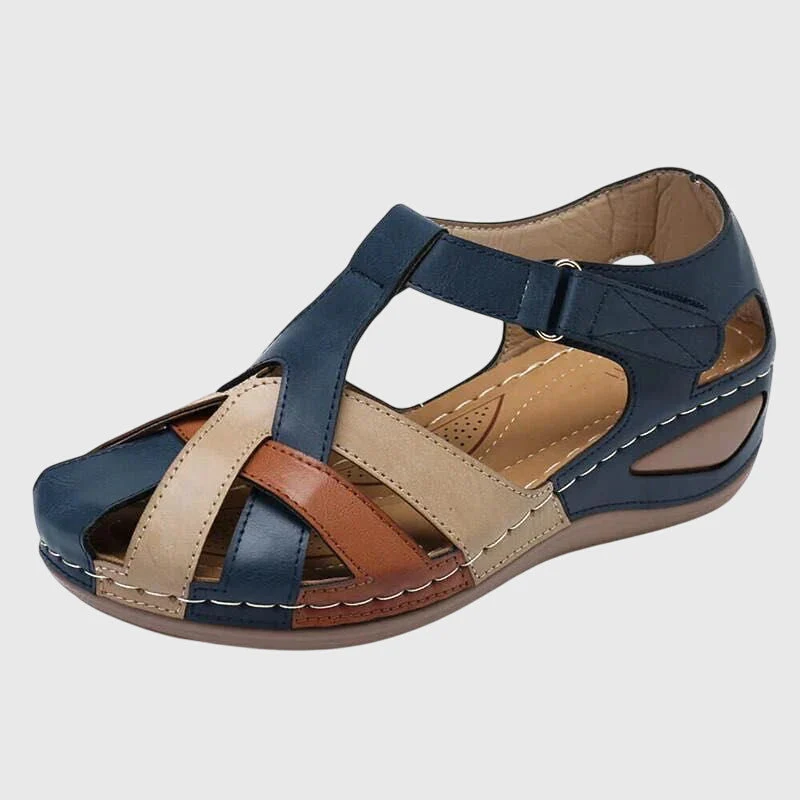 Mira comfort sandal in navy with beige and cognac straps