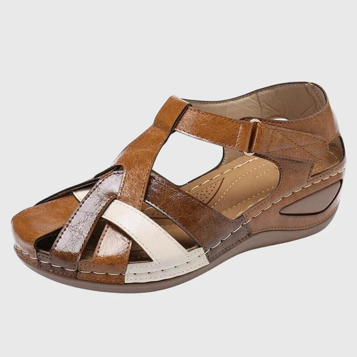 Mira comfort sandal in tan with cream and dark brown straps