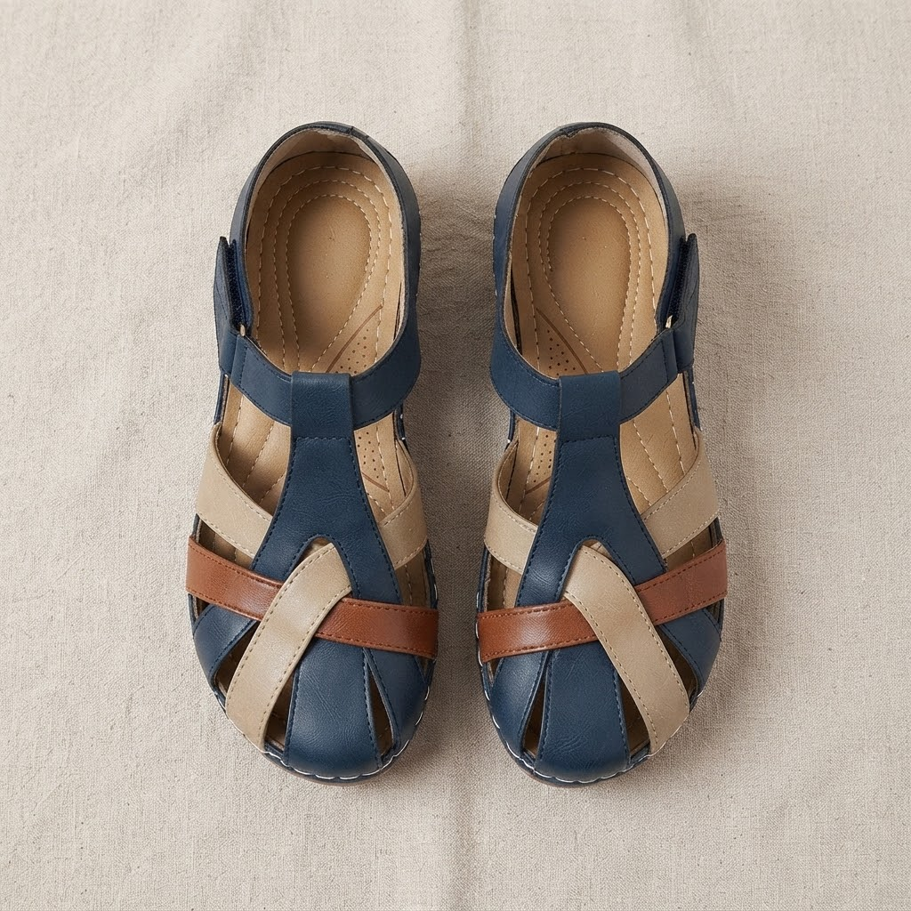 Pair of Mira sandals from above showing the crisscross straps and cushioned footbed